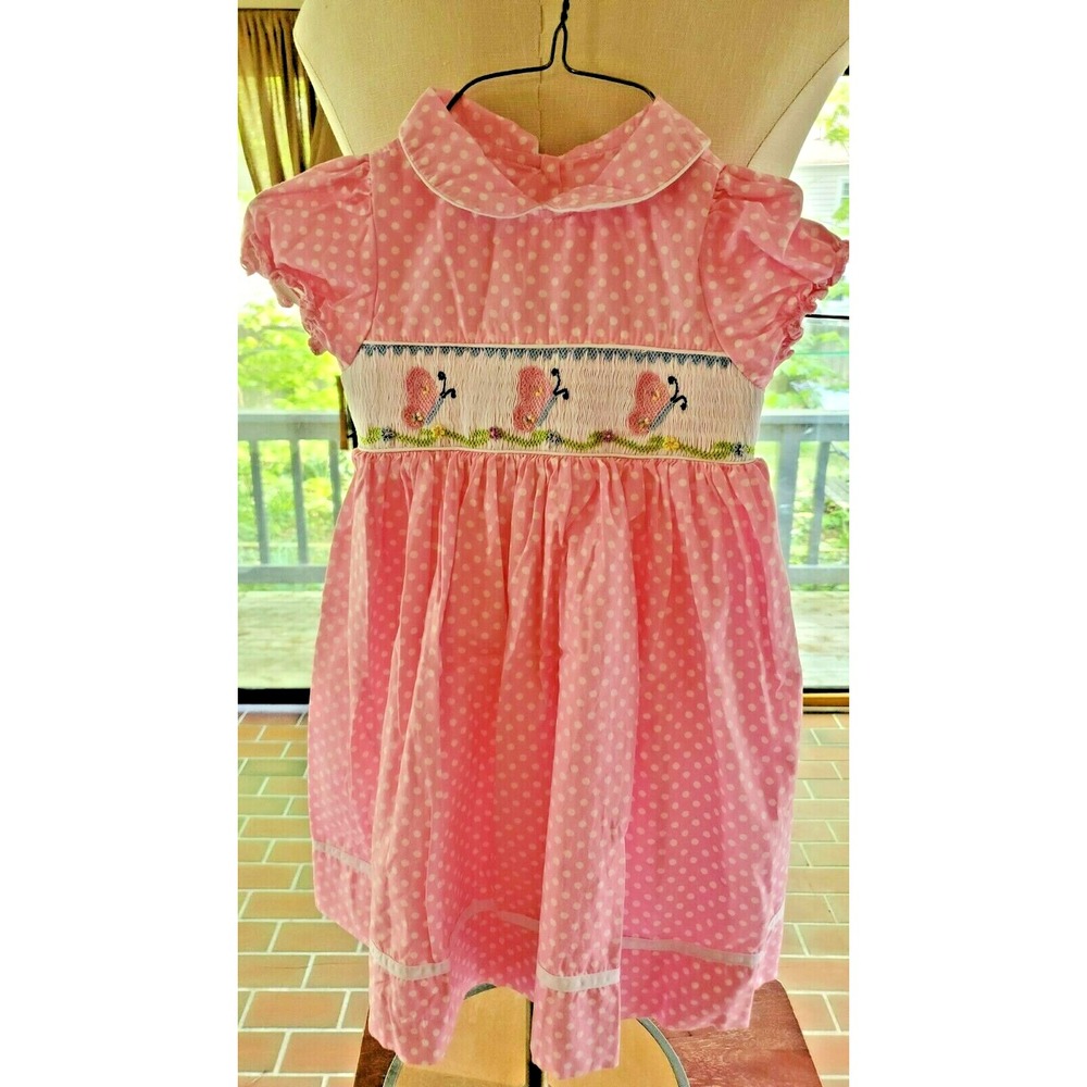 MARMELLATA Girls Pink Polka Dot Smocked Butterfly Dress Peter Pan Collar 3T